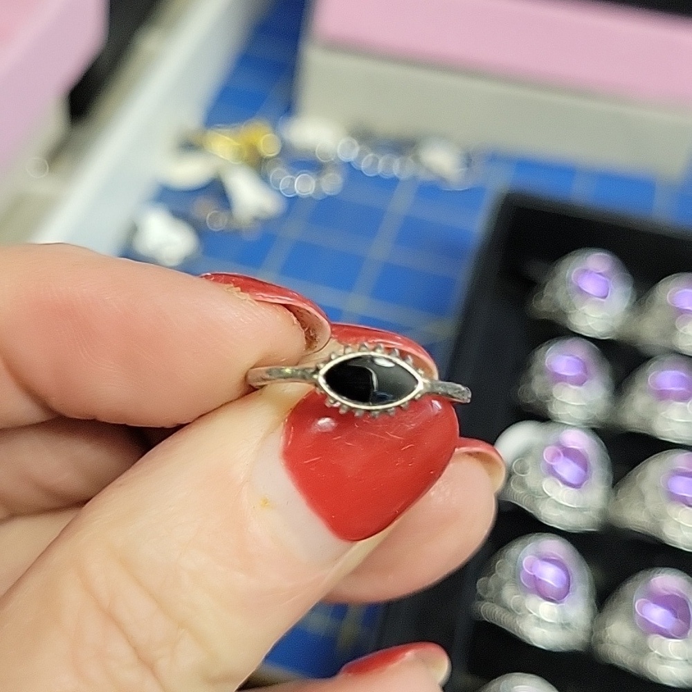 Silver Tone Ring Size 6 Black Stone